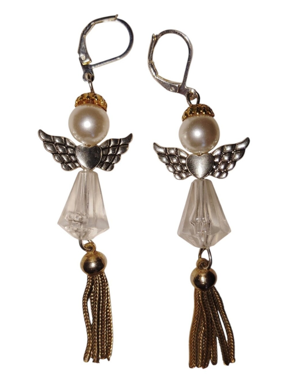 Pearl Angel Wing Tassel Earrings - White & Gold Wire Pierced Secure Clasp